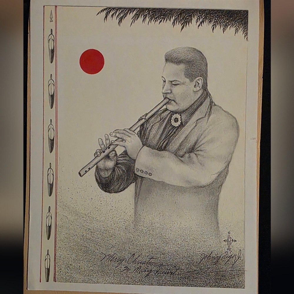 John Timothy Playing the Flute by Johnny Tiger Jr. –Double Signed & Personalized